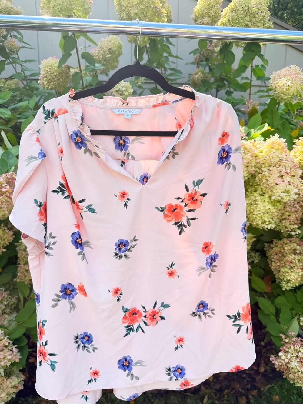 41 Hawthorn Pale Pink Floral V-Neck Blouse with Coral and Blue Flowers